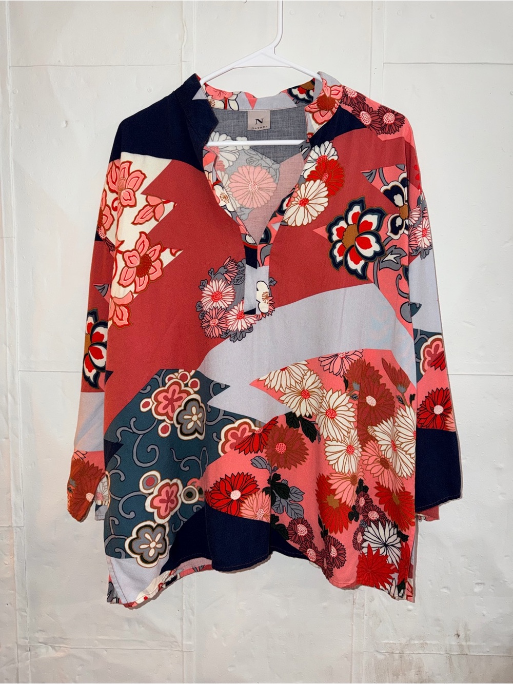 Coastal Grandma N Natori Coral, Navy & Gray Floral Patchwork Blouse